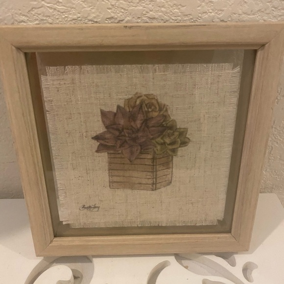Vintage Signed Textured Fabric Botanical Wall Art with Natural Wood Frame 7”x 7” - Picture 2 of 10